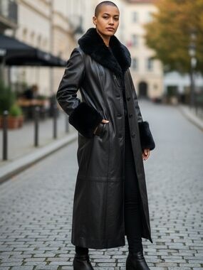 Missguided Tall Black Faux Leather Long  Faux Fur Trim Maxi Trench Oversized (4)